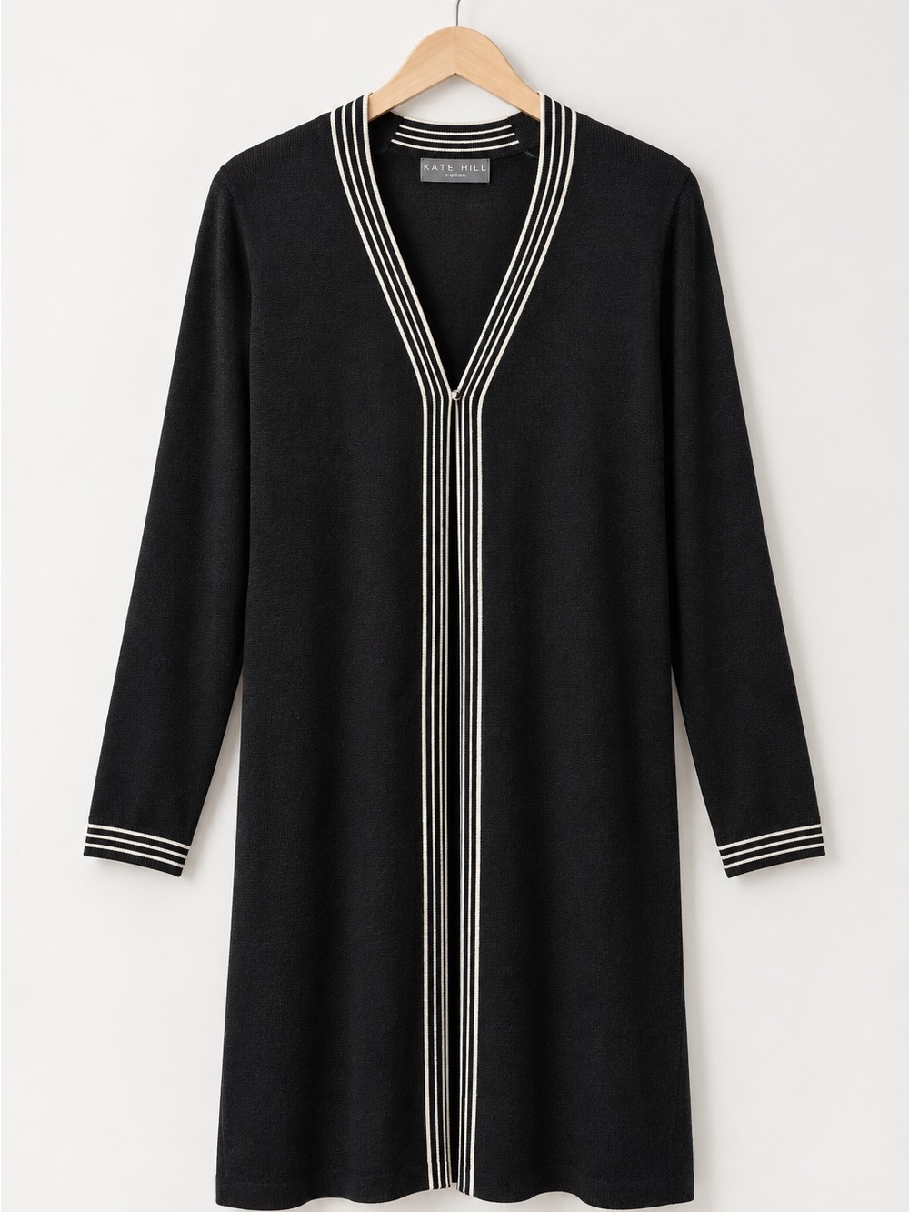NWT Kate Hill Black Contrast Stripe Knit Long Cardigan Women’s 1X Old Money